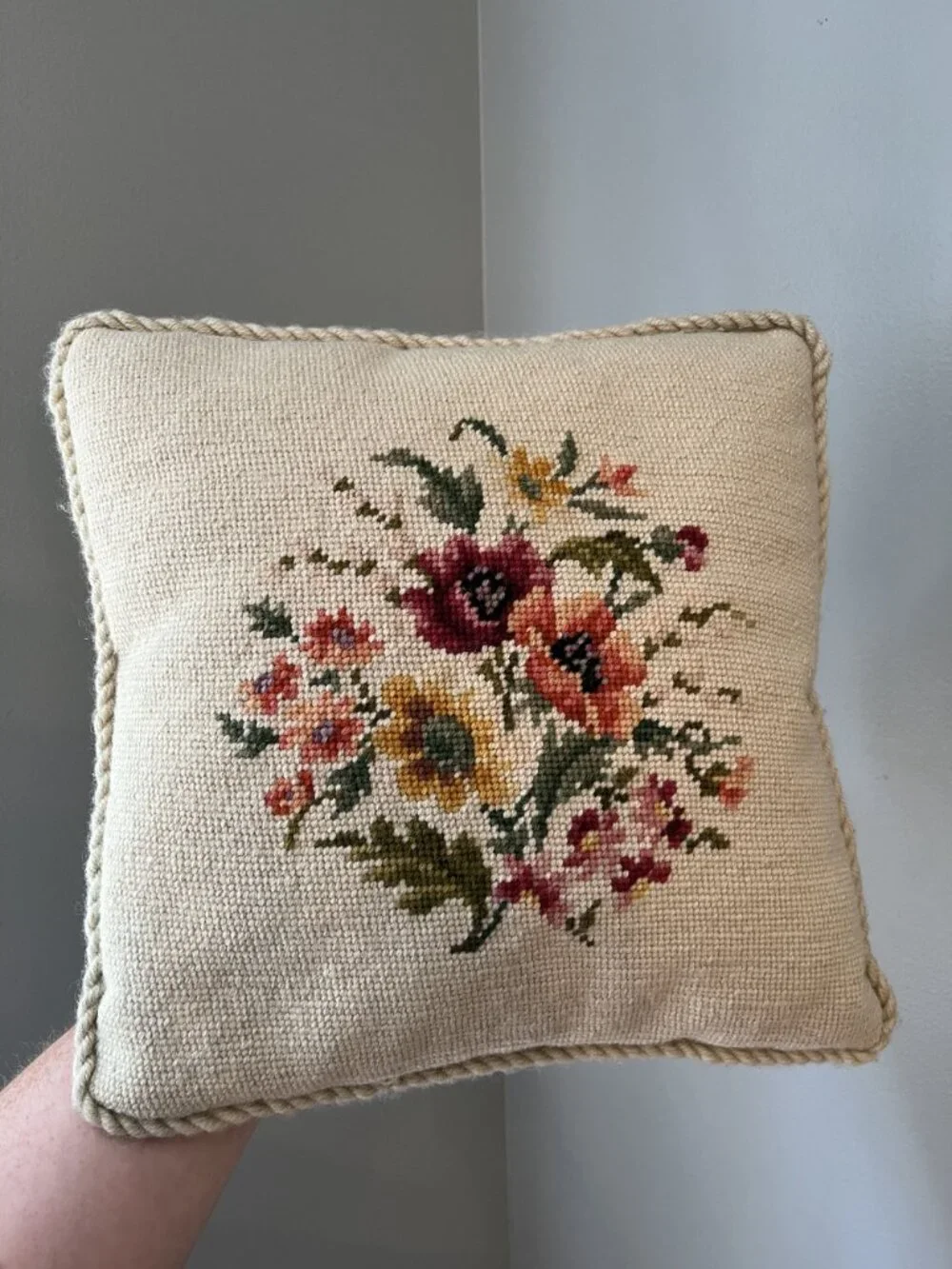 Vintage Floral Needlepoint Throw Pillow With Rope Trim & Green Velvet 12